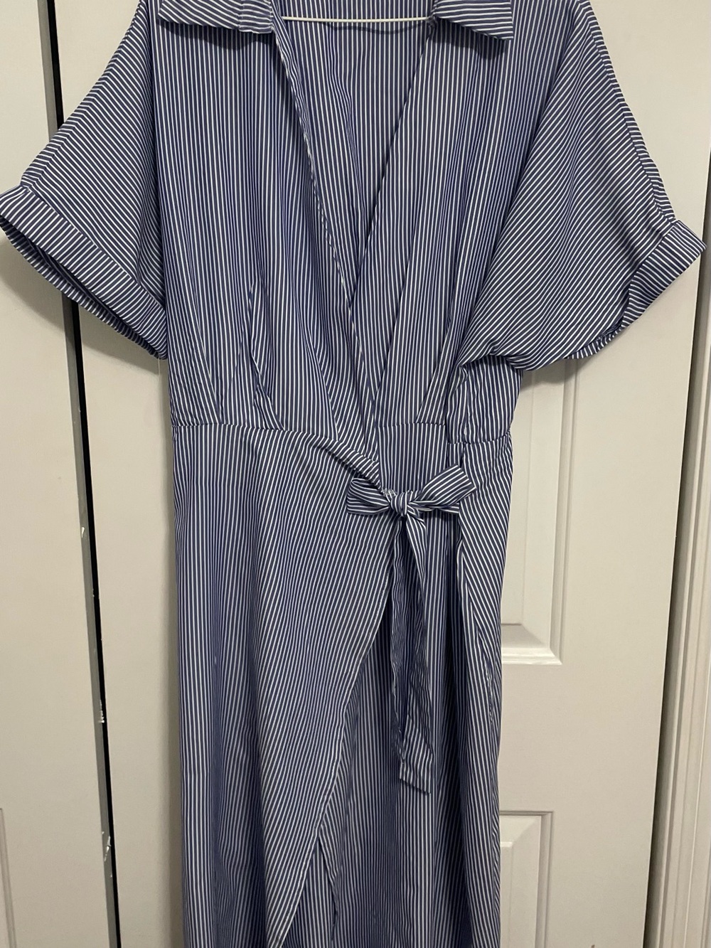 SHEIN Blue and White Pinstripe Wrap Maxi Dress